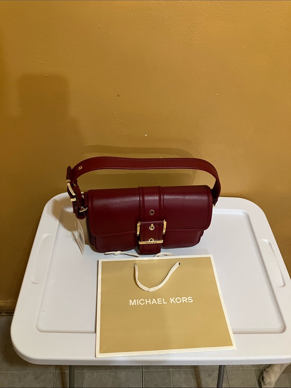 Michael Kors Deep Red Leather Shoulder Bag with Front Buckle